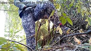 Stepmom pounds her hairy pussy doggystyle outdoors wet