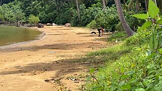 spanish couple's beach accident turns into public flashing handjob outdoor cumshot bliss