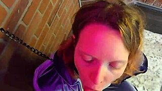 Chained milf on knees gags deepthroat face fucked cum covered