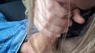 Thick German Slut's Sloppy Blowjob and Cum Swallow in Public Car