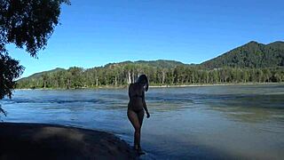 a slim blonde milf with big ass and hairy pussy sunbathes outdoors then pisses publicly asmr nudist spy fetish in nature