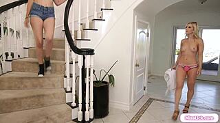 Stepmom sneaks up and spies stepdaughter fingering her wet pussy desperately