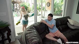 hey, my hot blonde cleaning lady milf gives the sloppiest footjob and blowjob ever!