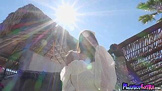 Hey petite Asian cowgirl Hannah Le, why pose naked stripping at your ranch outdoors?