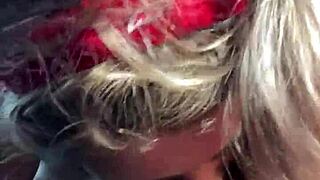 topless hooker rubs cum on face after deepthroat load in mouth