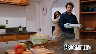 cali caliente bends over kitchen counter for black cock pounding help