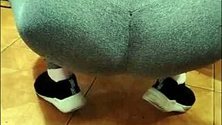 madrasta's see-through leggings cleaning... wanna peek at her thong pussy?