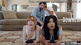 stepdads pound teen gamer girls asses in hardcore foursome riding