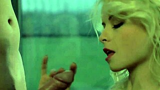 horny milf kneels to slurp blonde's throbbing cock hungrily