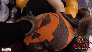 hey, agatha the brazilian milf mama rides that bbc into a halloween jack o'lantern!