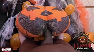 hey, agatha the brazilian milf mama rides that bbc into a halloween jack o'lantern!