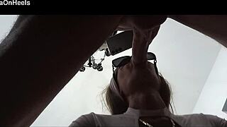 milf quickie blowjob ends huge cum explosion mouth swallow glasses