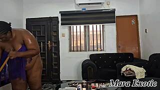 Fat Ebony Milf Maid Cleans Housewife Style with Huge Naked Ass and Pussy on Display