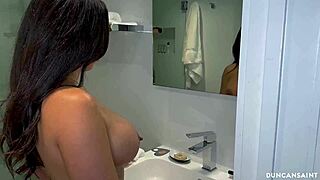 heart pounding as big tit brunette deepthroats thick cock in shower then pussy slammed hard