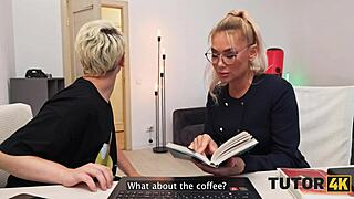 Russian blonde tutor spikes coffee with cum then gulps more