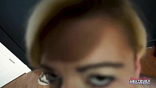 Petite blonde Keyton milks hard dick with her mouth!