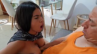 beautiful curvy milf rides old perv till he explodes inside her